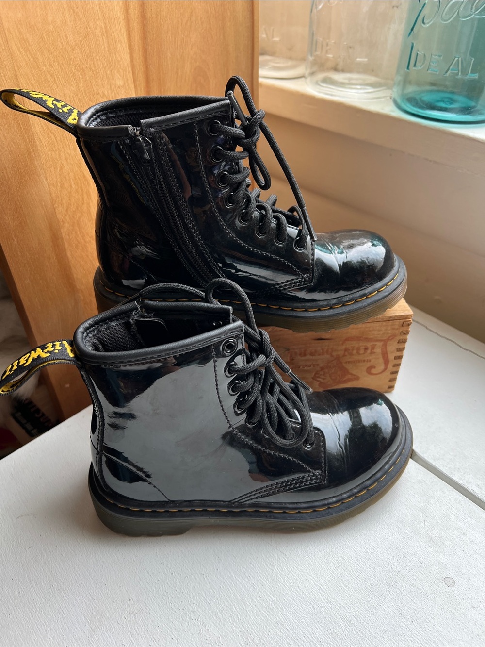 Girls Dr. Martens Black Patent Leather Boots with Yellow Loop size 12